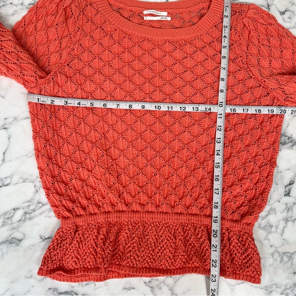 By Anthropologie Flounce-Hem Pointelle Sweater Pleated Sleeves Orange Size XL - Picture 7 of 13